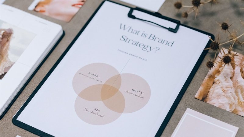Prancheta com estratégia de marca, paleta de cores e moodboard organizados sobre a mesa